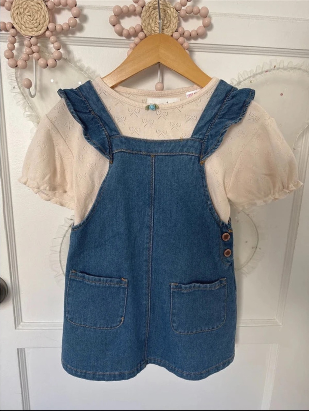Zara Denim Overalls + Pointelle bow top